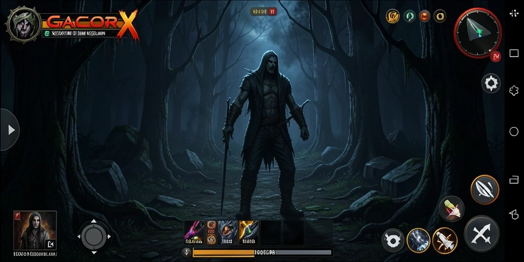Tangkapan layar GACORX menampilkan suasana menyeramkan dalam gameplay.