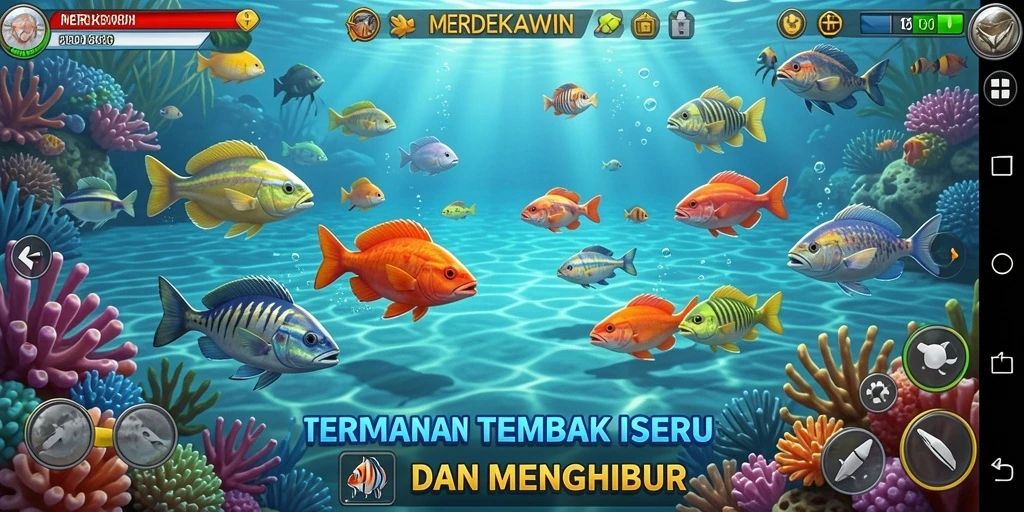 Tampilan gameplay seru dalam MERDEKAWIN saat menembak ikan.