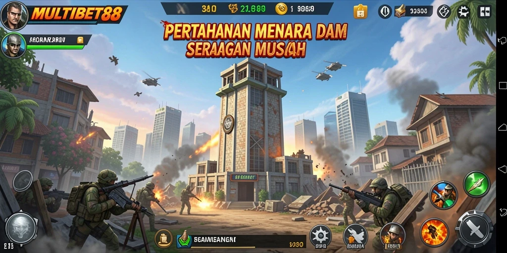 Tangkapan layar gameplay MULTIBET88 menampilkan pertahanan menara dalam aksi.