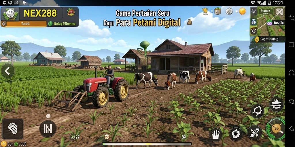 Screenshot gameplay NEX288 menampilkan petani yang sedang merawat lahan pertanian.