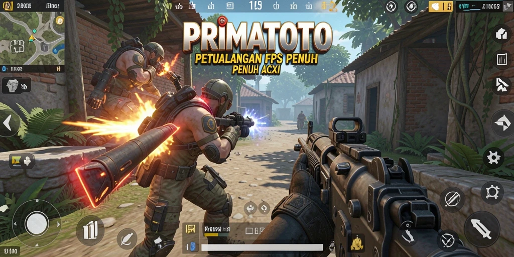 Screenshot gameplay PRIMATOTO menampilkan aksi menembak yang memukau.