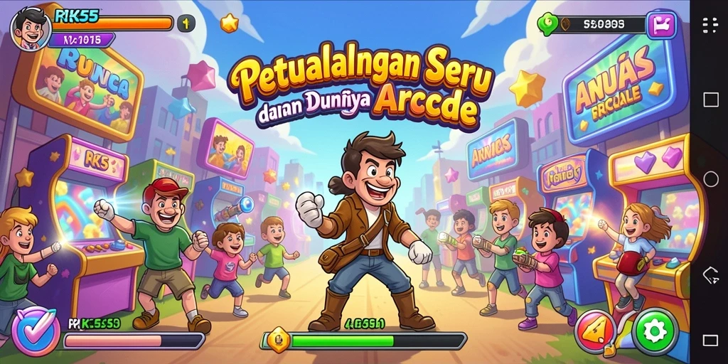 Tampilan gameplay seru RK55 dengan karakter dan level menarik.