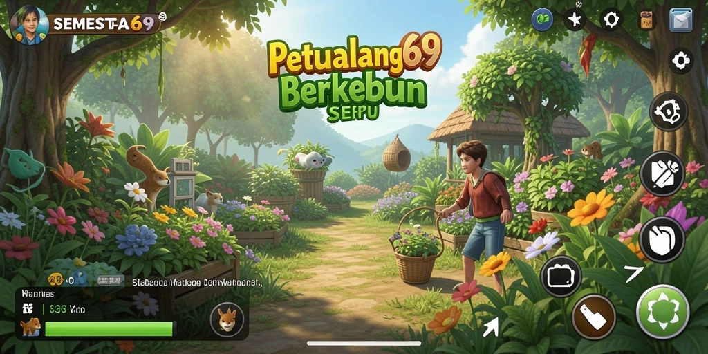 Tangkapan layar gameplay <strong>SEMESTA69</strong> yang menunjukkan ladang subur dan aktivitas berkebun.