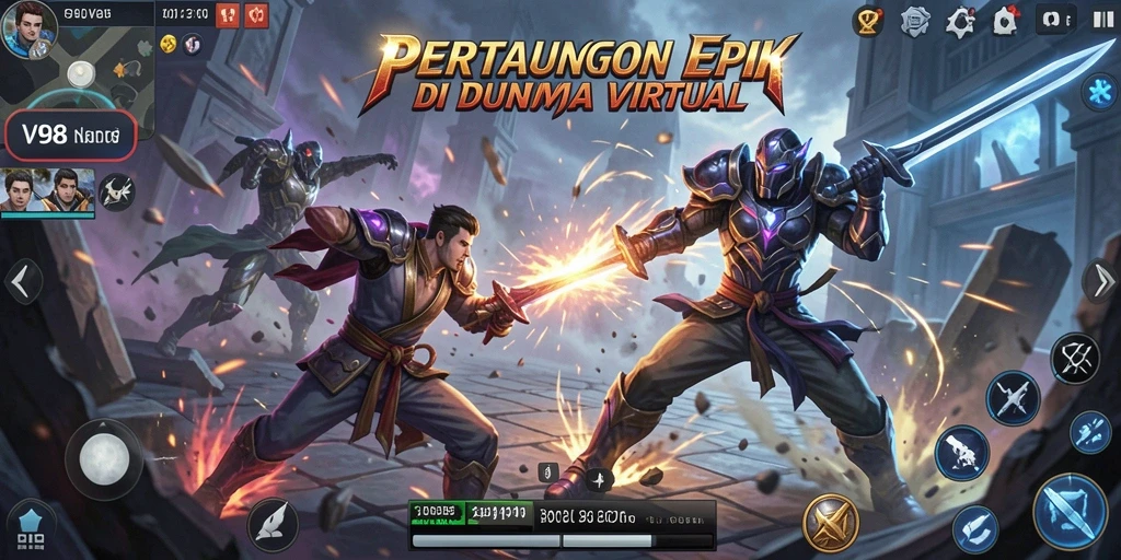 Screenshot V98 menunjukkan pertarungan seru dengan efek visual yang mengagumkan.