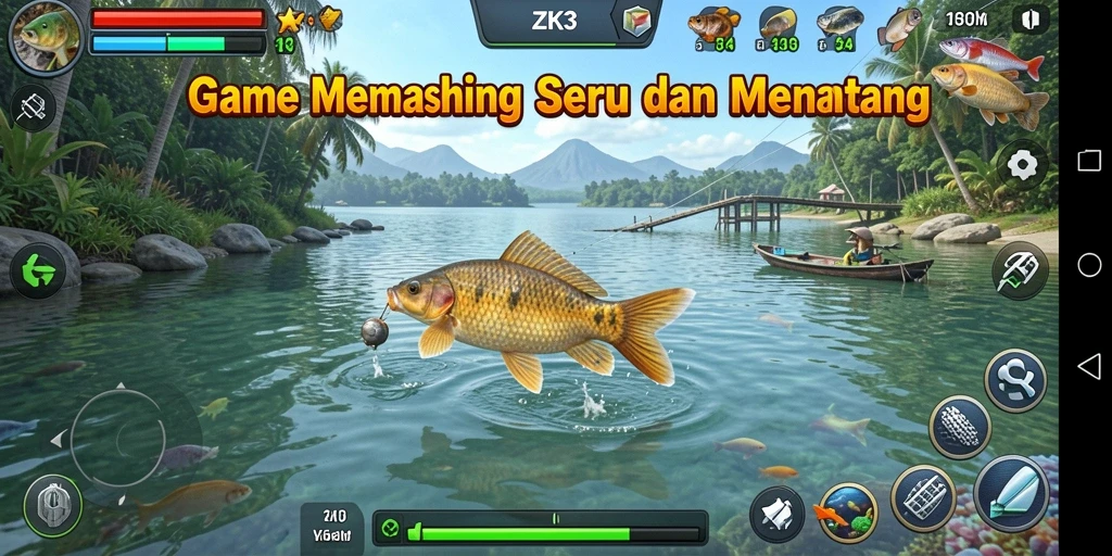 Tampilan gameplay ZK3 dengan aksi memancing yang mendebarkan.
